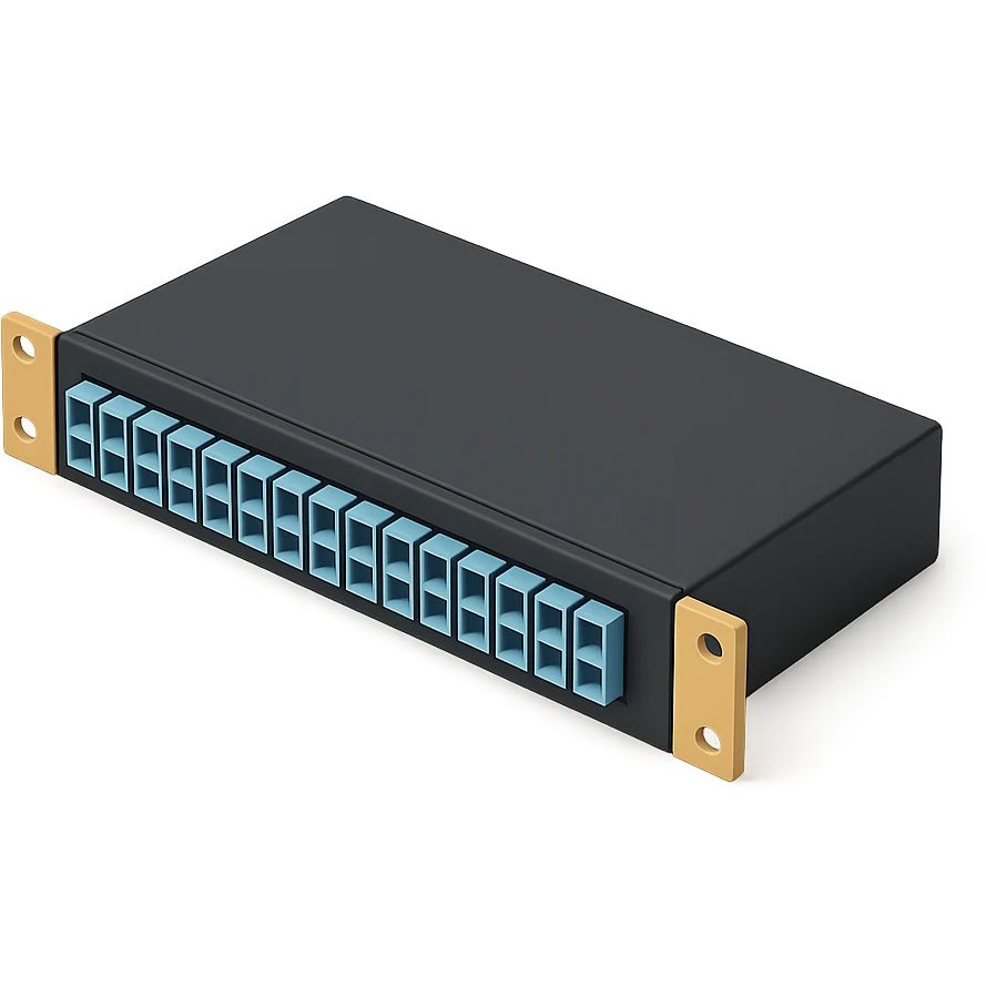 A 19-inch telecommunications optical cross-connect in a 3D style, using a color palette of three colors (5EC6F1/F9DCAF/353946) emoji