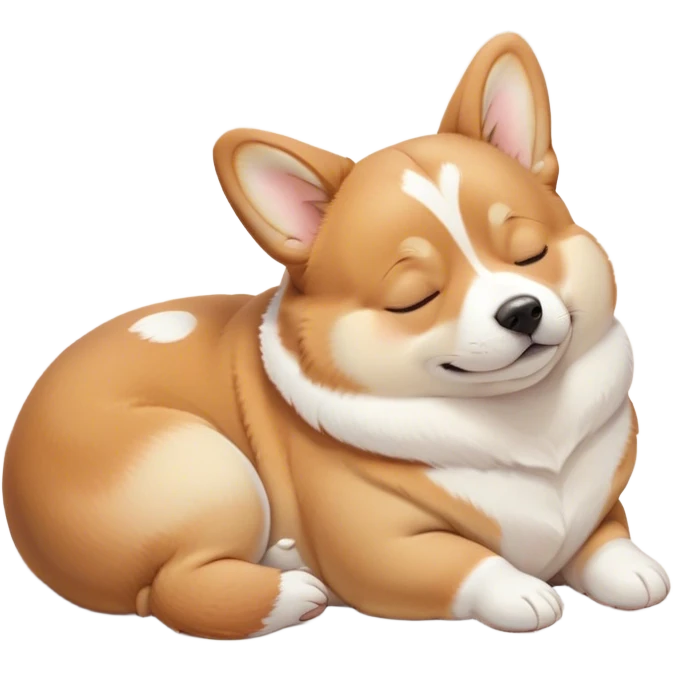 Cinematic Chubby Sleeping Corgi Portrait Emoji, Chubby and serene, with a round, adorable build, a smooth fawn coat accented by white patches, and those signature short legs, eyes gently closed in peaceful slumber, Simplified yet irresistibly endearing features, highly detailed, glowing with a gentle, dreamy glow, high shine, relaxed and content, stylized with a touch of whimsy, bright and heartwarming, soft glowing outline, capturing the essence of a blissfully sleepy herder, so comically serene it feels like it could roll out of the screen and snore with adorable charm! emoji