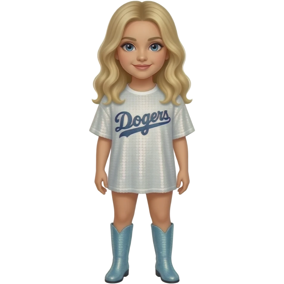 Sabrina carpenter blonde hair wearing an oversized sequin white tshirt that says Dodgers in navy blue sequins. 69 in bottom right corner. Kiss mark in top left corner. light blue sequin boots emoji