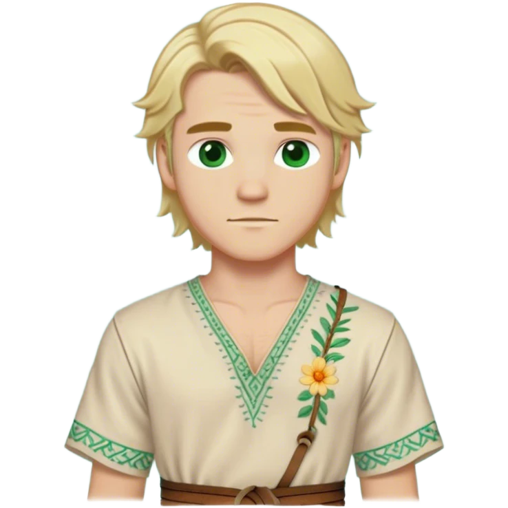 Medieval summer outfit worn by a DnD themed fantasy male character. Light cotton tunic in natural cream color with short sleeves, embroidered with simple floral patterns at the hem, paired with a thin leather belt. Clothes only above the waist, full waist coverage. The character has no arms. Character is white-skinned with sun-bleached blonde hair in shoulder-length layers, partially tied back with a leather cord, sea-green eyes, and defined cheekbones. emoji