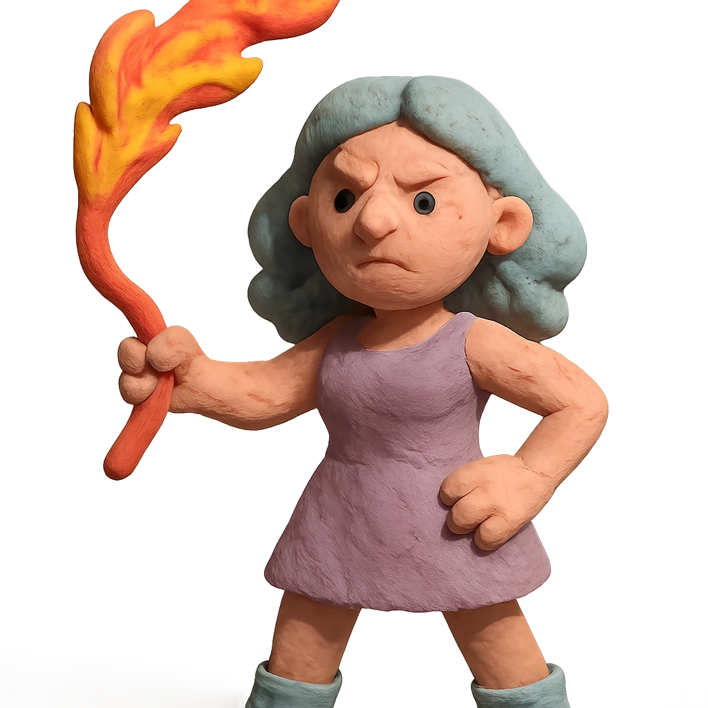 claymation style woman with a fire whip, visible fingerprints, pastel colors emoji