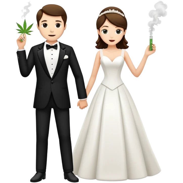 A bride in white wedding dress and groom in tuxedo, full body, smoking cannabis together emoji