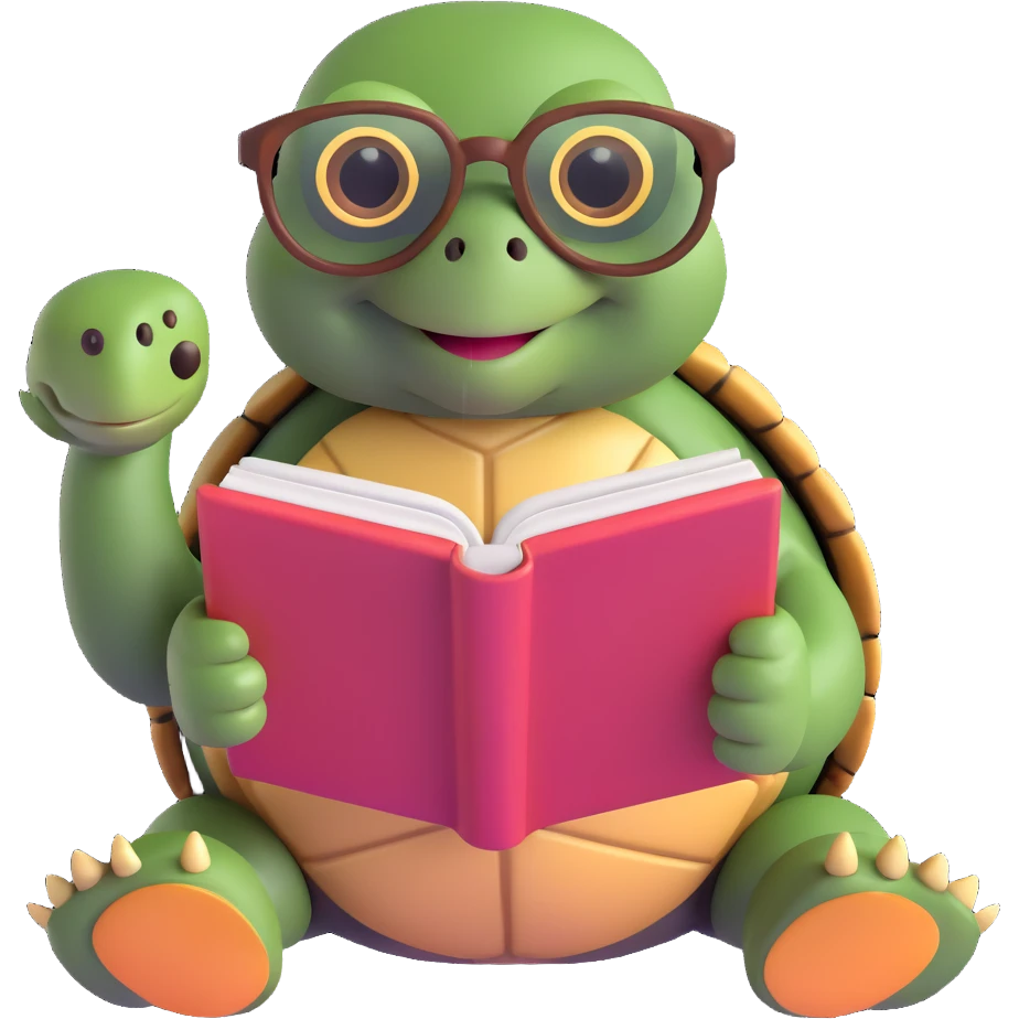 a tortoise wearing glasses, reading a large book, with a cozy and scholarly vibe emoji