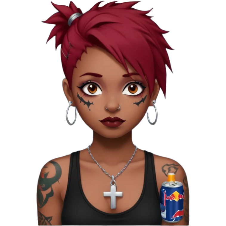 generate an ios genmoji of a girl with dark red messy hair with eyeliner on her eyes.  septum piercing, wearing a cami black top, has tattoos, on shoulders. ear piercings. wearing a cross silver necklace. Holding a redbull. dusky skin color.  emoji