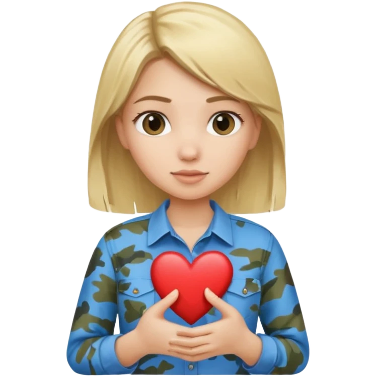 Blonde girl wearing blue shirt holding camo heart emoji