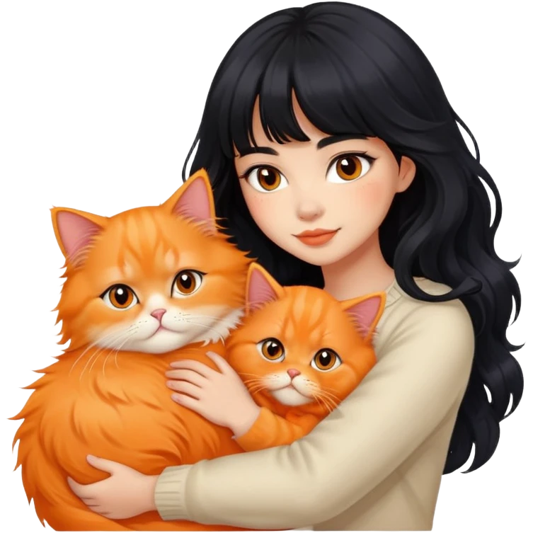 Beautiful girl with long wave black hair and bangs hugging orange Persian cat fluffy fur emoji