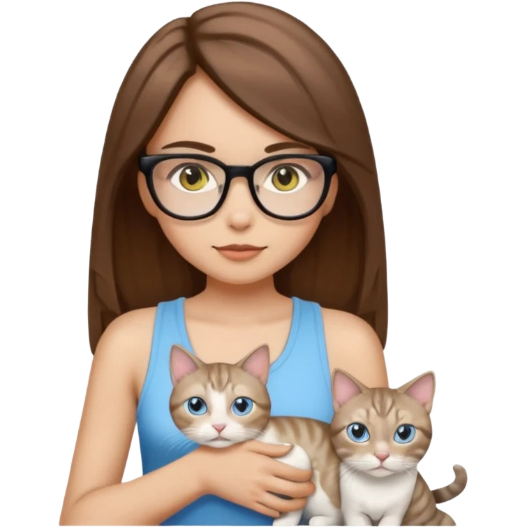 iOS-style emoji of a light-skinned girl with straight medium brown hair, black glasses and a white tank top, holding two cats: one white with yellow eyes and one gray tabby Siamese with blue eyes. emoji