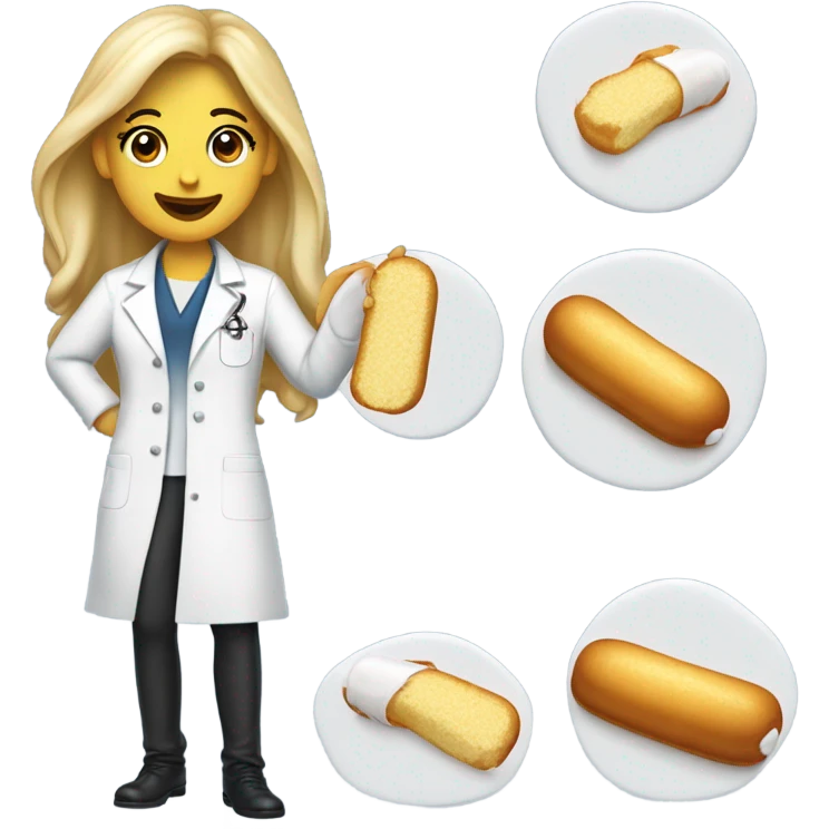 A Twinkie with cream spilling out of it, wearing a lab coat with long female hair and a beautiful female smile emoji