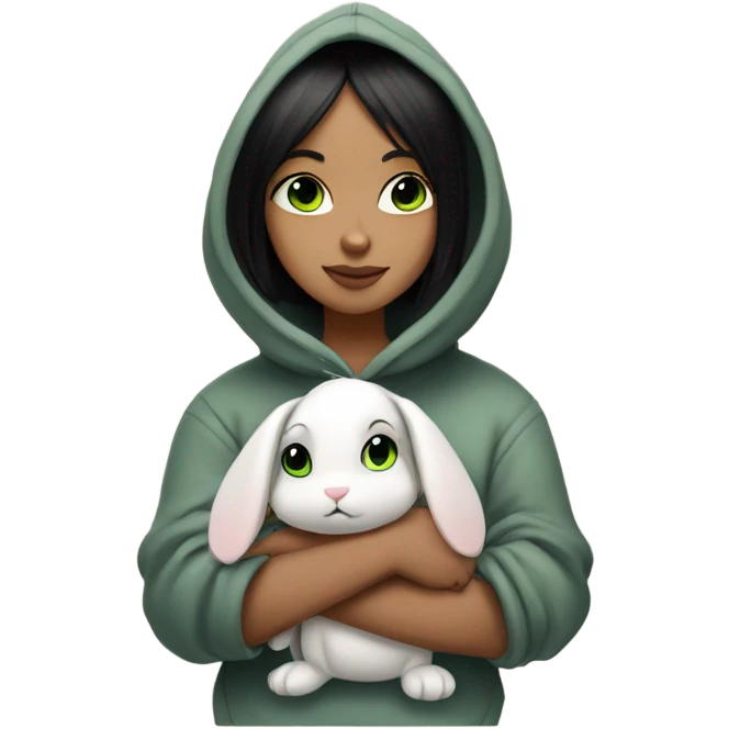 Girl with black straight bob hair, green eyes and nose piercing hugging a bunny in a hoodie  emoji