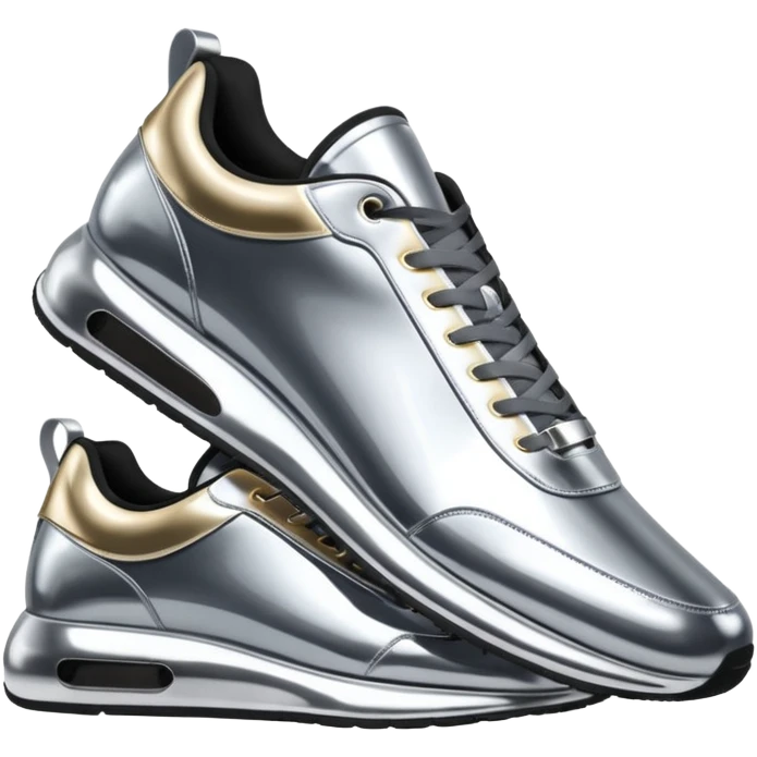 A pair of futuristic sneakers emoji made of silver chrome, sleek streetwear design, smooth metallic panels, subtle reflections, luxury swag aesthetic, iOS emoji style, centered, clean white background emoji