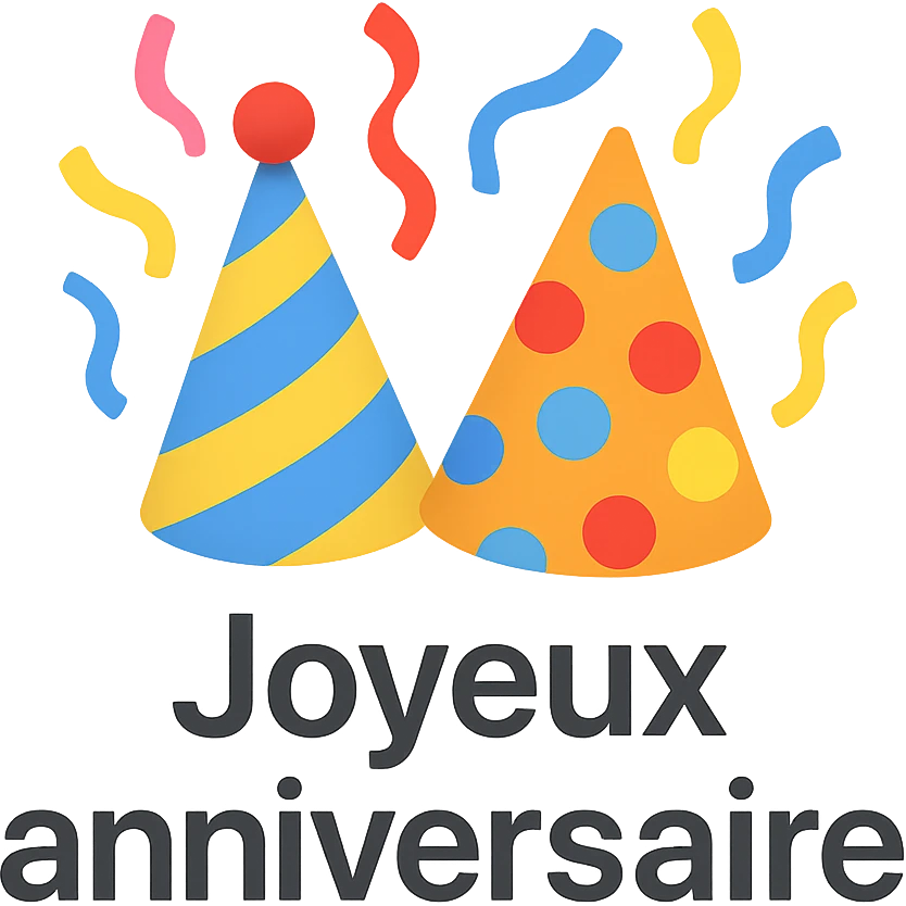 Joyeux anniversaire colorful icon with party hats and streamers, playful and vibrant style emoji