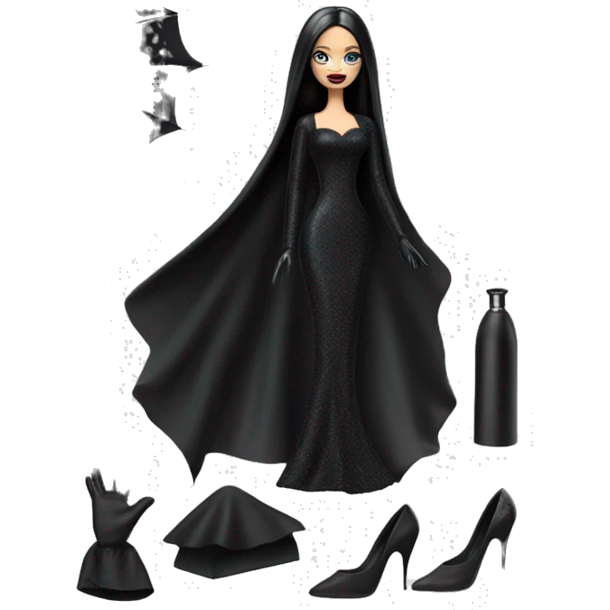 Funeral Barbie,teen Morticia Addams ,drying tears with handkerchief, show full body,accessories  gloves, funeral veil, holding umbrella  emoji