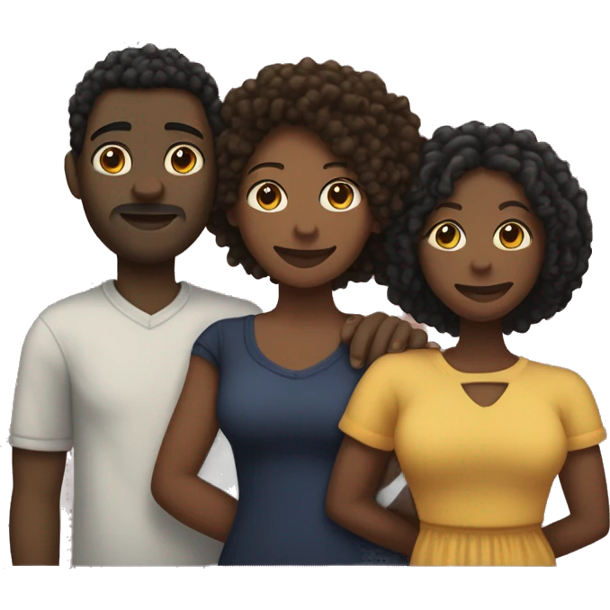 A throuple, with one tall large light skinned black man with dreadlocks, a dark skinned large woman with short afro hair, and a dark skinned nonbinary with short locks, embracing each other, heart emoji emoji