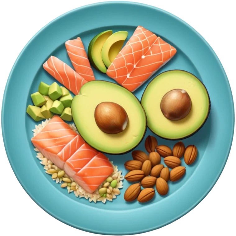 plato con comida variada granos aguacate salmon nueces arroz emoji