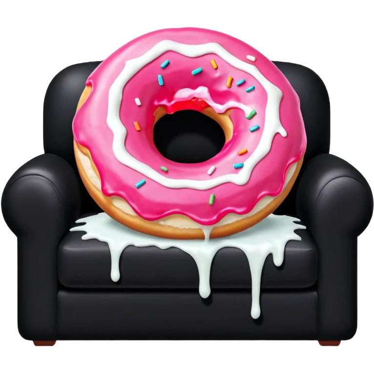 White icing running through a pink donuts hole spilling out onto a black couch to make a sticky mess emoji
