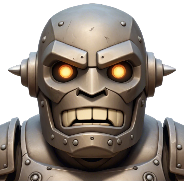 Cinematic Comical Mighty Iron Golem Portrait Emoji Head tilted dramatically with an exaggeratedly amused expression, featuring a bulky, armored form with a slightly lopsided stance, ancient runes flickering erratically, and one massive, jointed hand raised in a slow, deliberate wave. Wide, expressive glowing eyes give it an almost humorous, puzzled look, as if it’s contemplating something far beyond mortal understanding. Rendered with detailed metallic textures and deep, dynamic lighting, high shine, dramatic yet whimsical, styled with a hint of unexpected charm, soft glowing outline, capturing the essence of an endearing yet colossal guardian that looks ready to crack an impossibly slow, earth-shaking joke! emoji