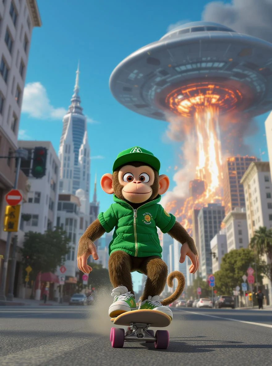 Disney style Cinematic still scane, Low angle shot, Depth, monkey dress in green outfit, monkey ride on skateboard, san francisno downtown with city lanscape, ufo destroying city in background, blue clean sky, captured by ARRI Alexa XT, soft cinematic lightning, back light, inspired by ToyStory 4 emoji
