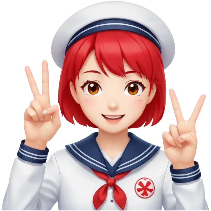 Energetic anime girl with short bright red hair wearing Japanese sailor style school uniform, winking and making double peace signs, very cheerful and bubbly, kawaii style emoji