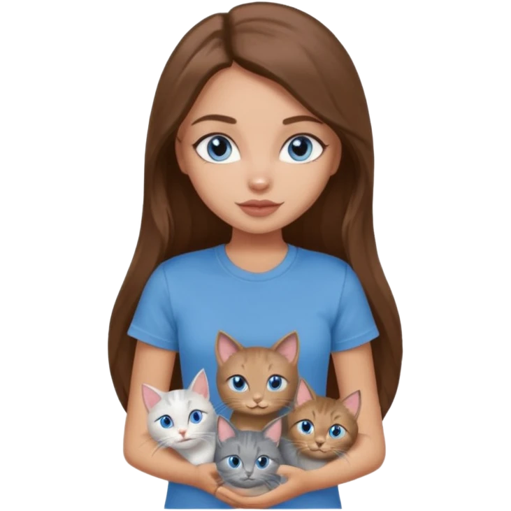 a pretty bratz dusky light skin girl with long brown hair, blue eyes with six cats nd wearing a grey tshirt emoji