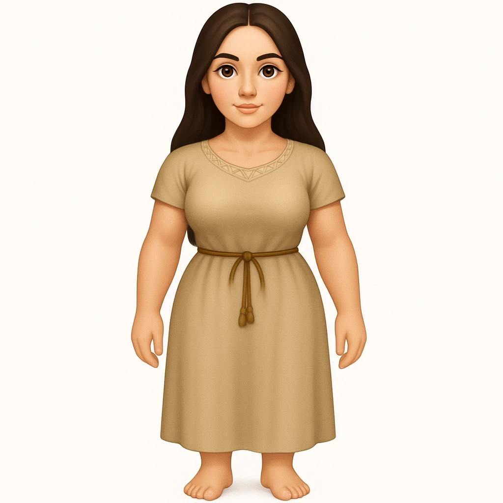 Fullbody Mary Magdalene, buxom and fit, very pretty detailed face, plain light tan dress, no hood, dark hair, arms lowered to a normal pose with hands by hips, in emoji style. emoji