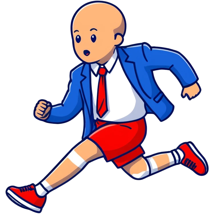 a running white man wearing a blue jacket, shorts, red sneakers, and a flowing red tie emoji