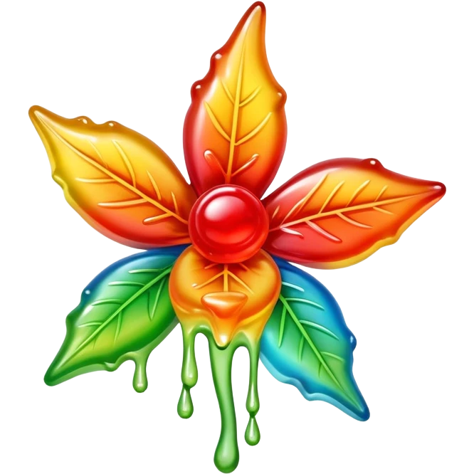 generate an emoji-style image of a juicy gummy shaped like a marijuana flower, make it colorful and with liquid dripping out emoji