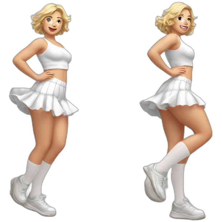 Hyperrealistic Full body Caucasian curvy beauty jumping short white skirt back and front views strong wind knickers long white socks emoji
