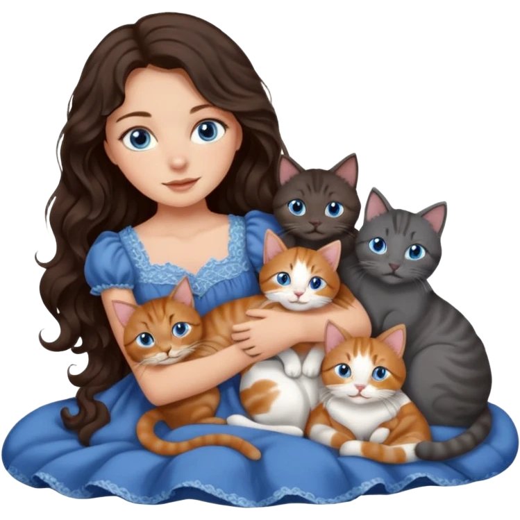 detailed realistic looking a dark grey and white cat regally laying with six other cats, cuddling with their owner in bed who is a pretty bratz lightly tanned white girl with long dark brown hair, blue eyes and gorgeous long wavy hair wearing a pretty detailed dress emoji