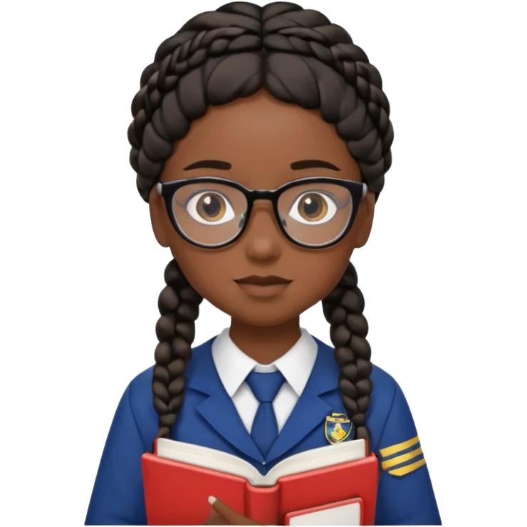 Girl student wearing uniform, glasses, hold book in front of their chest, black braided hair, dark skin emoji
