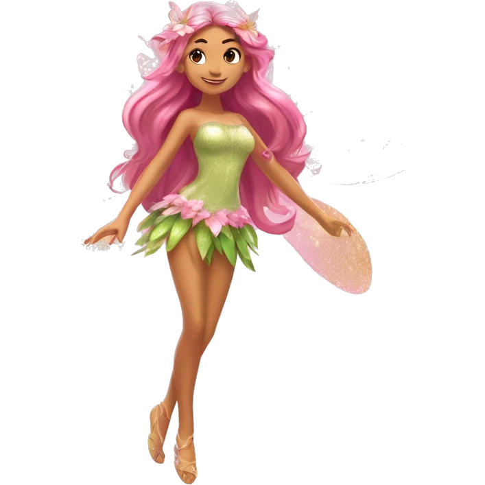 Flora the adult latina fairy of nature in her enchantix fairy pink clothing and fairy enchantix wings and long light brown hair from winx club. Small eyes, Lots of sparkles and fairydust. Full body and full fairy bliss emoji