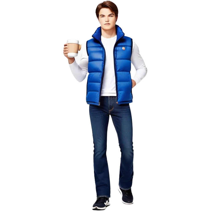 full body man with long sleeve white shirt with blue puffer winter vest with no pockets wearing straight long boot cut levi blue jeans with no cuffs and black tennis shoes holding a coffee mug in one hand directly in front of him at his chest and nothing in the other hand with his weight on one leg emoji