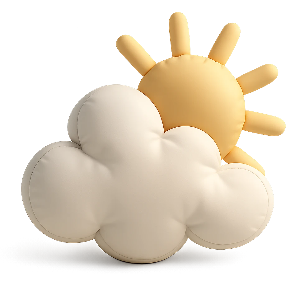 plush cushion cloud with sun rays, partly cloudy weather, soft edges, cushion style emoji