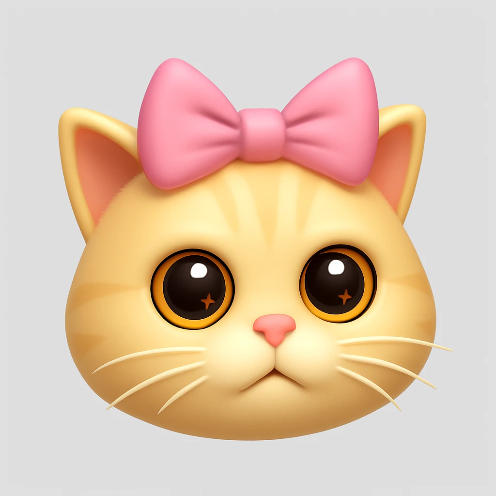 A cute cat with a pink bow, 3D, iOS emoji-like, same colors. emoji