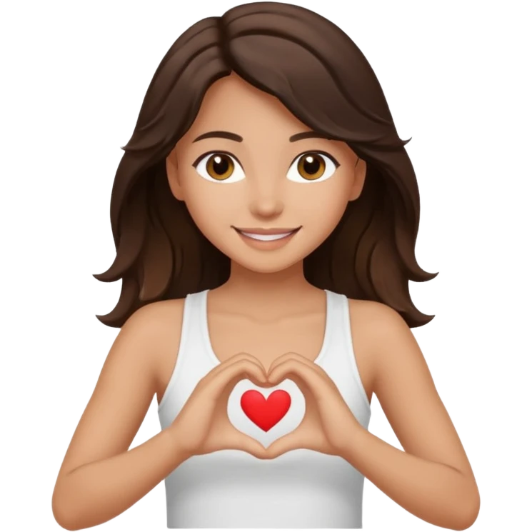 tan wavey dark long brown haired brown eyed girl making a heart with her hands wearing a white tank top and smiling pretty emoji