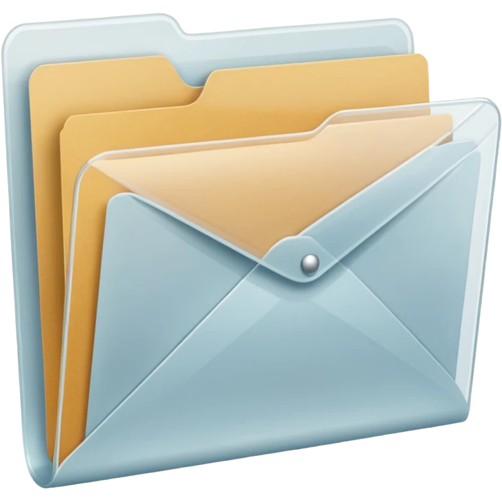 A simple emoji-style icon of a transparent white plastic folder, minimal and clean, with a visible envelope inside labeled “Henry Ballester”, subtle translucency, rounded corners, and soft shading. emoji