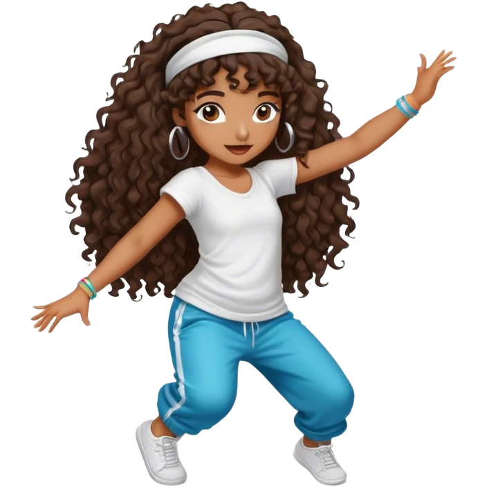 Dancing brown girl with long darn brown curly hair with headband hip hop emoji