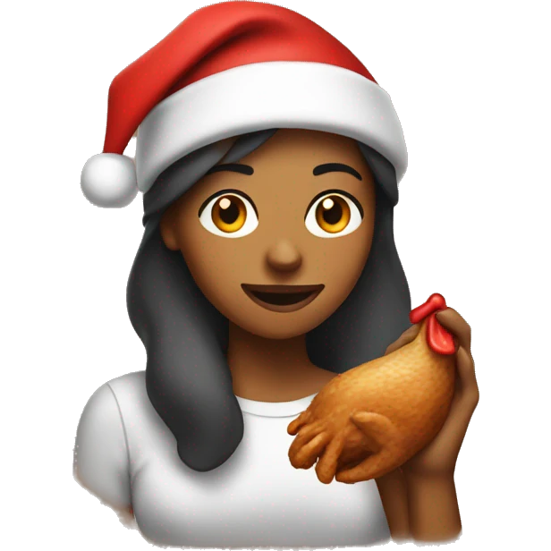 Brown skin woman wearing a Santa hat eating a chicken leg emoji