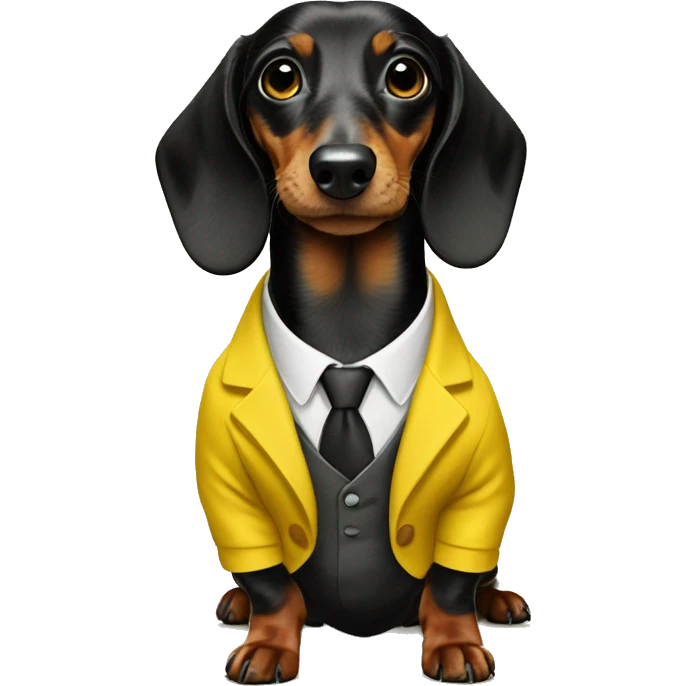 Black dapple dachshund in a yellow suit emoji