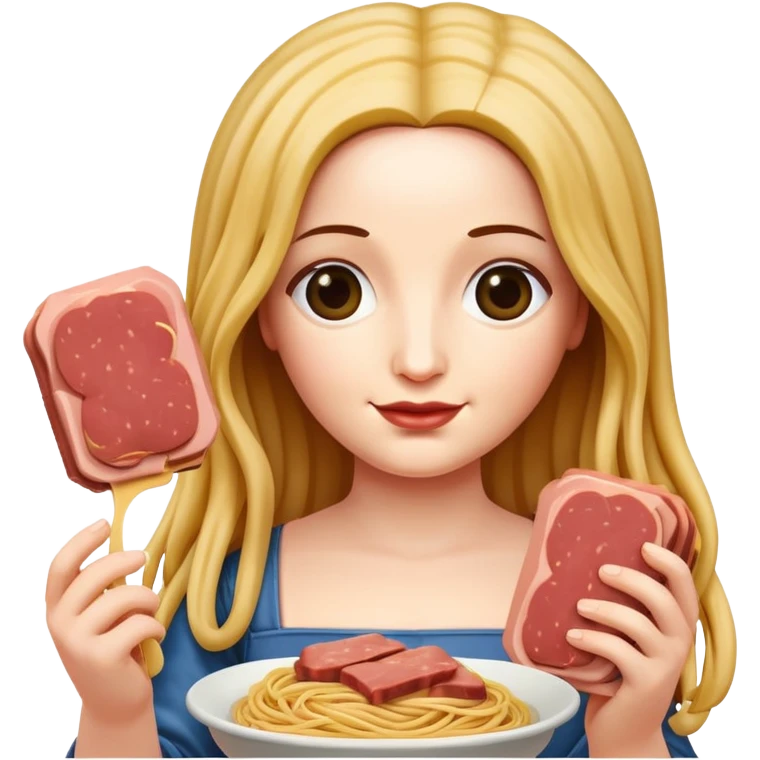 monalisa portrait with flowing spaghetti hair holding spam meat emoji