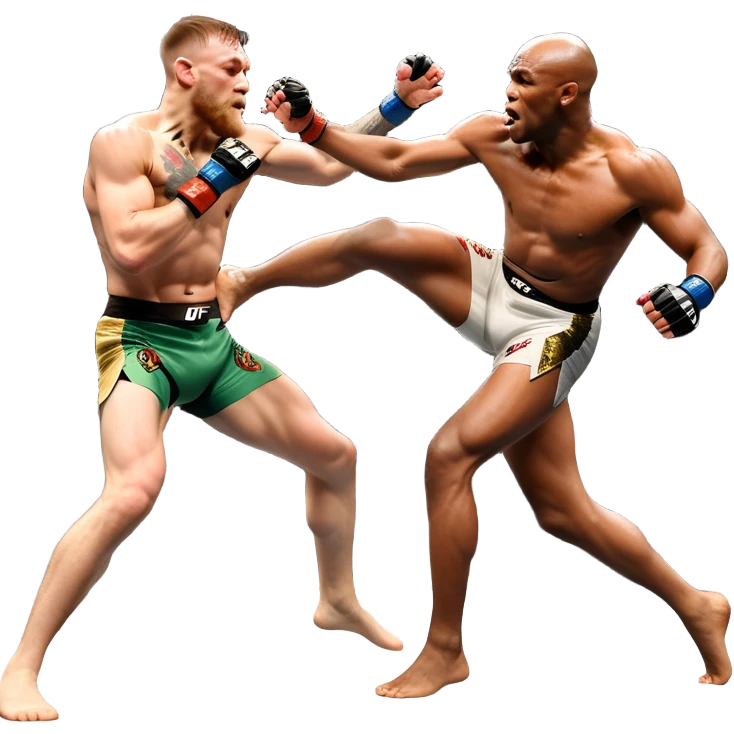 An MMA showdown between Conor McGregor and Anderson Silva in the octagon. McGregor is executing a jumping strike, while Silva skillfully deflects the attack. The background shows the UFC octagon with roaring fans and vibrant energy. Transparent background. emoji