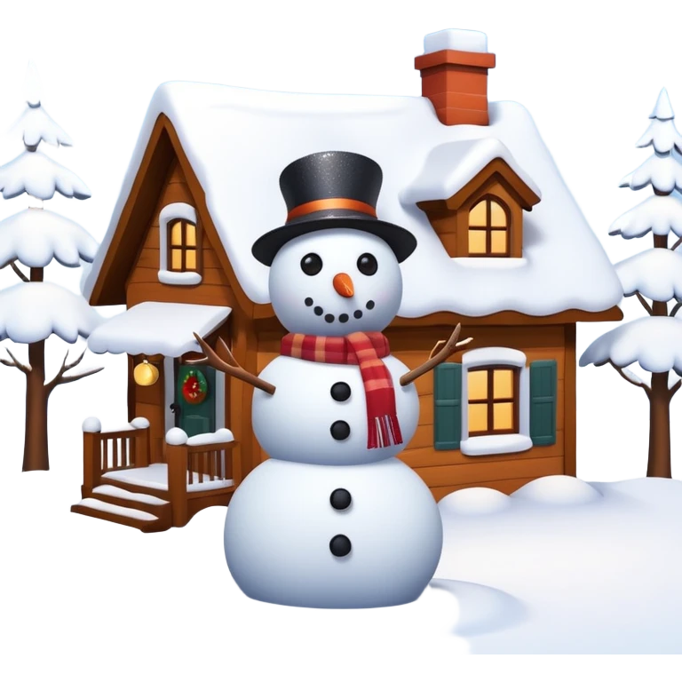 beautiful,  3d still life view, snow covered roof of a house, with a snowman built in front yard, snow is sparkling emoji