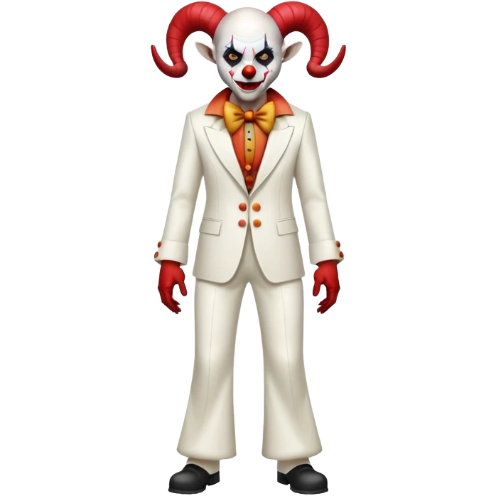 full-body demonic clown in a white leisure suit with bellbottom pants, bald, with black ram horns emoji