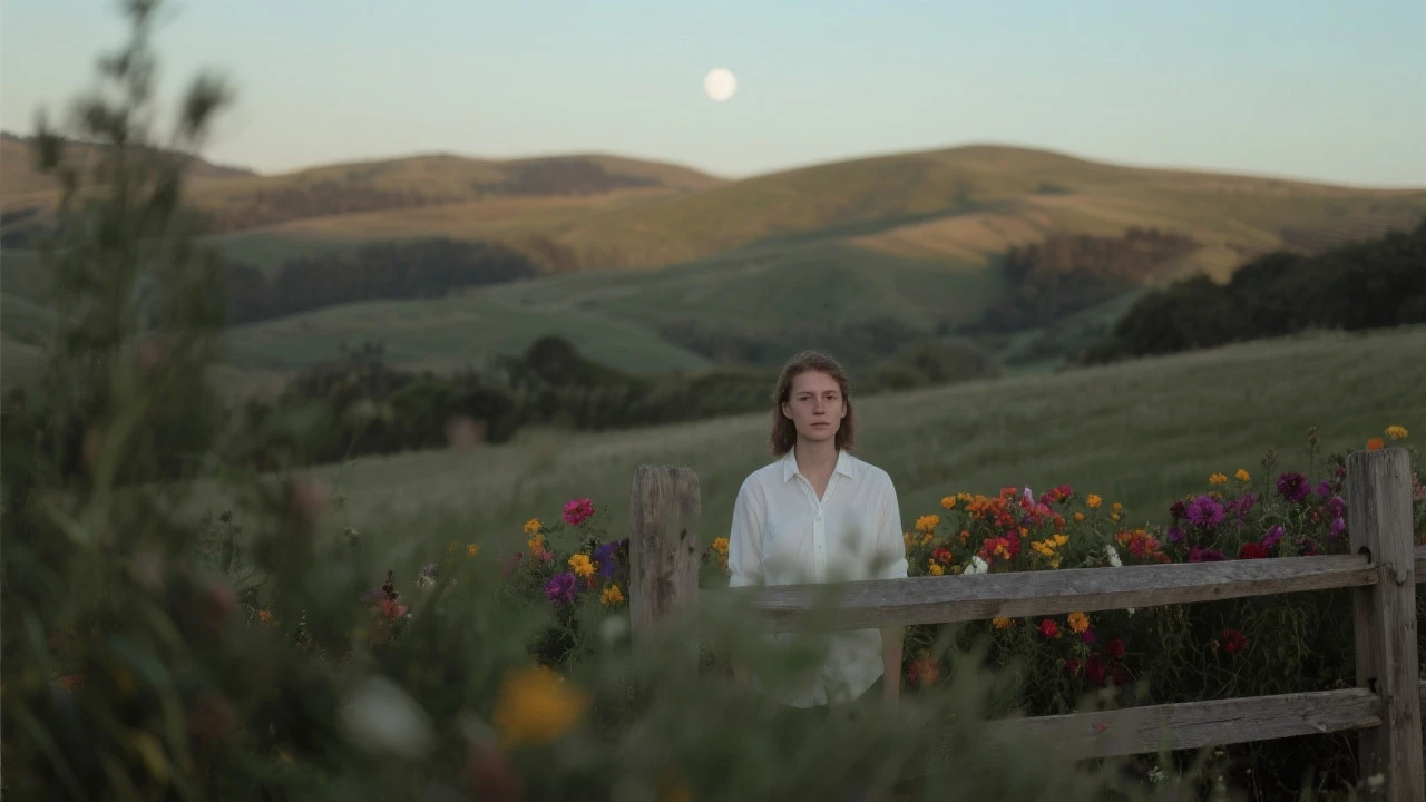 A portrait of a white person in the foreground, blurred plants in the foreground, a wooden fence and colorfull flowers in the midground, rolling hills in the background, cinematic depth of field, layered composition, moon back light emoji
