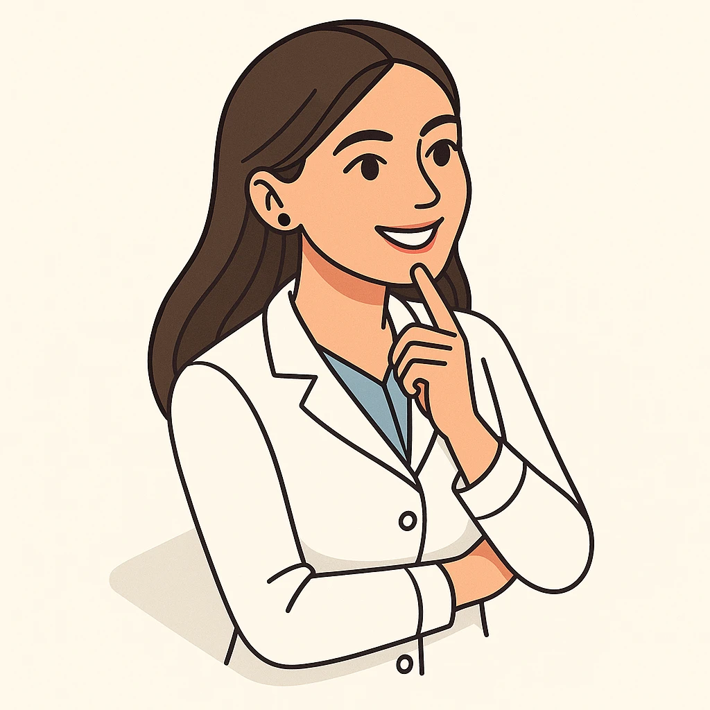 A girl doctor with dark long straight hair, detailed brown eyes (not just dots), wearing a white medical coat, in 2D isometric style with a minimalist background, thoughtful finger on chin, with a wide smile expression. emoji
