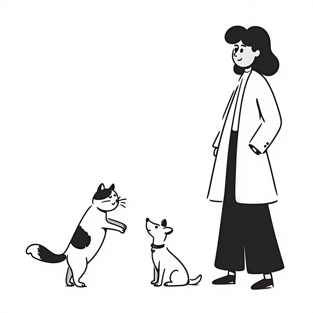 a woman standing with a cat and a dog near her on the right side, hand drawn notion style doodle emoji