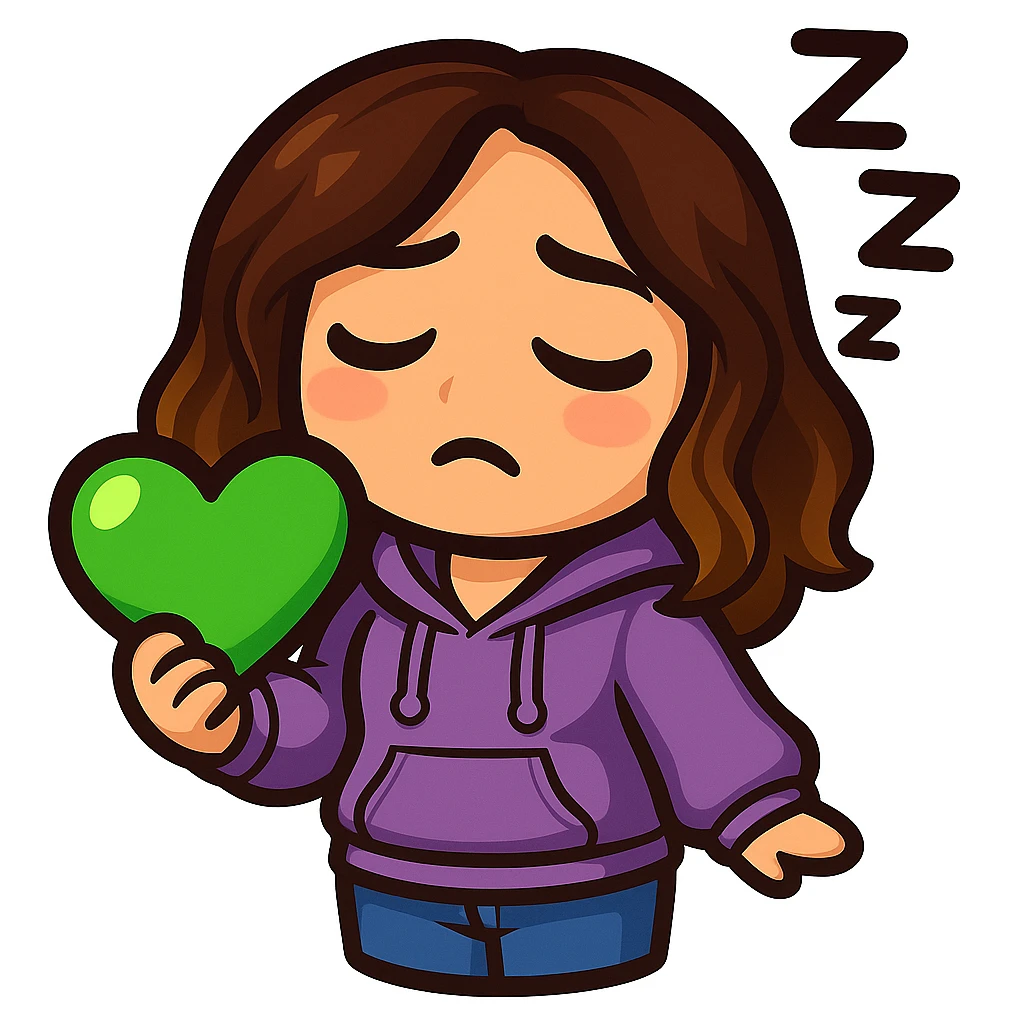 Sticker style chibi emote, matching the attached green heart emote as a base, but with a slightly skinnier body and a bigger chest. Woman from reference, lavender hoodie and blue jeans, sleepy with Zzz, cute tired face, no headband, no wand, transparent background. Top color should not match jeans. emoji
