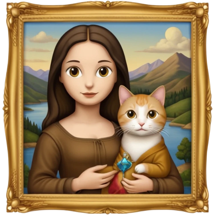 gold frame, painting, Mona Lisa in brown clothes, with cat emoji