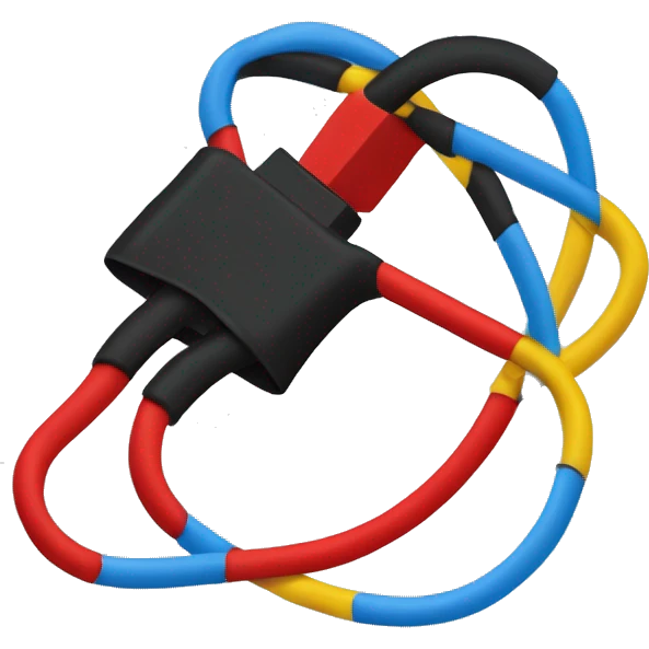 Un câble electrique noir cassé, légèrement courbé. Fils : Trois fils colorés (rouge, bleu, jaune) sortent du câble. Effets : Étincelles ou éclairs subtils autour des fils pour suggérer de l'électricité.Aucune caractéristique anthropomorphique emoji