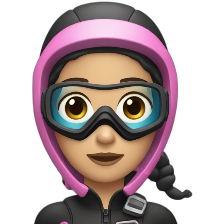 scubadiver woman, with brown and starighthear black suit and Pink dive mask in her blue eyes emoji