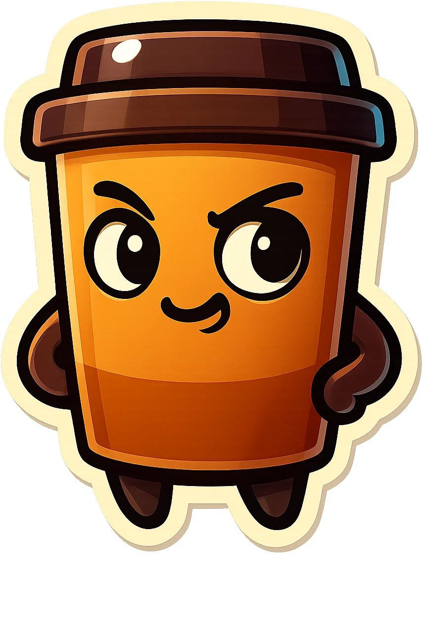 Tall coffee cup, mischievous eyes, pondering emoji